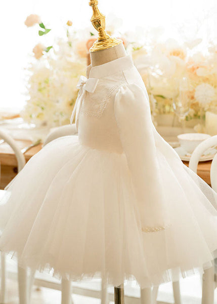 Lovely White Stand Collar Bow Tulle Kids Long Dresses Puff Sleeve YS010 ABC