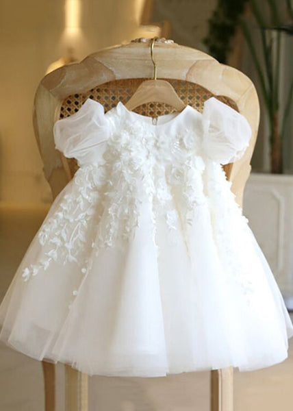 Lovely White Stand Collar Floral Tulle Kids Vacation Maxi Dresses Puff Sleeve YS037 ABC