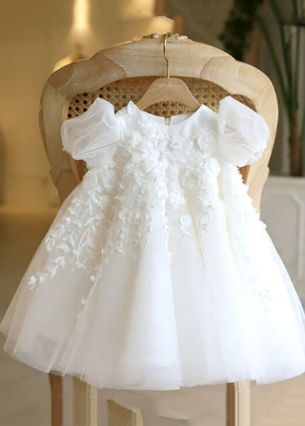 Lovely White Stand Collar Floral Tulle Kids Vacation Maxi Dresses Puff Sleeve YS037 ABC