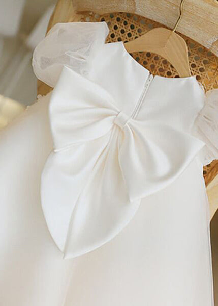 Lovely White Stand Collar Floral Tulle Kids Vacation Maxi Dresses Puff Sleeve YS037 ABC