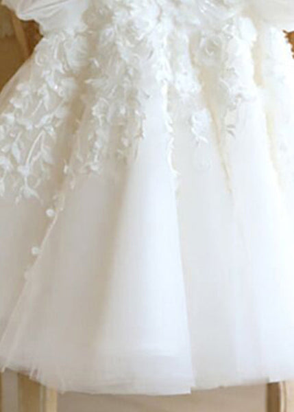 Lovely White Stand Collar Floral Tulle Kids Vacation Maxi Dresses Puff Sleeve YS037 ABC