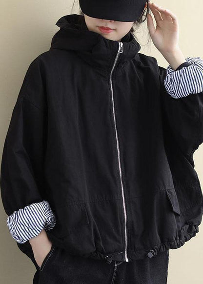 Luxury Black Hooded Zippered Winter Cotton Long sleeve Coat QS044 WT-WG-DJK210914