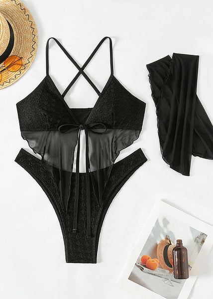 Luxury Black Sexy Lace Up Ruffled Beach Swimwear Set VC014 WM-Beach-QQT240615