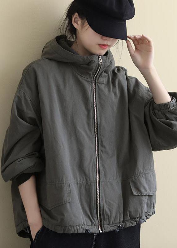 Luxury Grey hooded Loose drawstring Winter Cotton Coats Long sleeve QS045 WT-WG-DJK210914