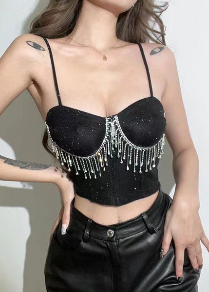 Straight Short Rhinestone Neck Khaki Strap Tassel Luxury FashionChic