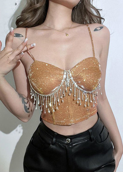 Straight Short Rhinestone Neck Khaki Strap Tassel Luxury FashionChic