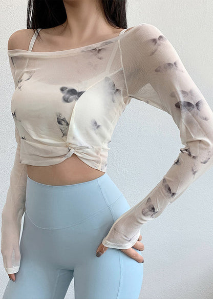 Print Fitting Tops Workout White Luxury Wrinkled Tulle FashionChic
