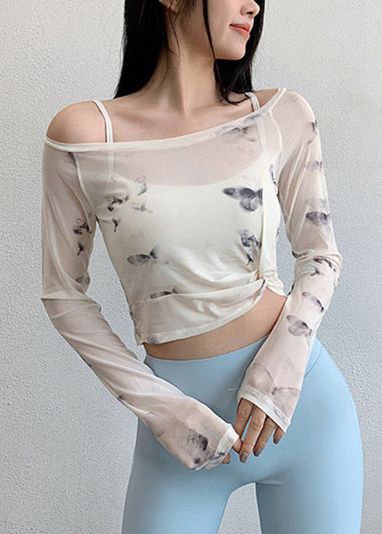 Print Fitting Tops Workout White Luxury Wrinkled Tulle FashionChic