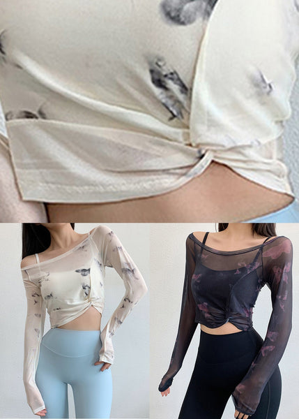 Print Fitting Tops Workout White Luxury Wrinkled Tulle FashionChic