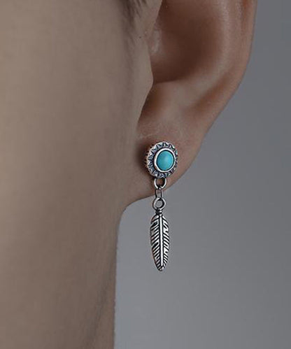 Men Blue Sterling Silver Turquoise Feather Stud Earrings QJ008 JEW-EAR241021