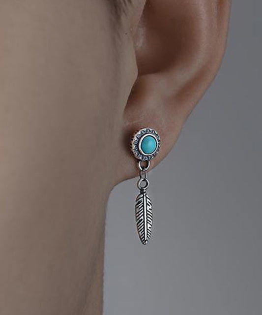 Men Blue Sterling Silver Turquoise Feather Stud Earrings QJ008 JEW-EAR241021