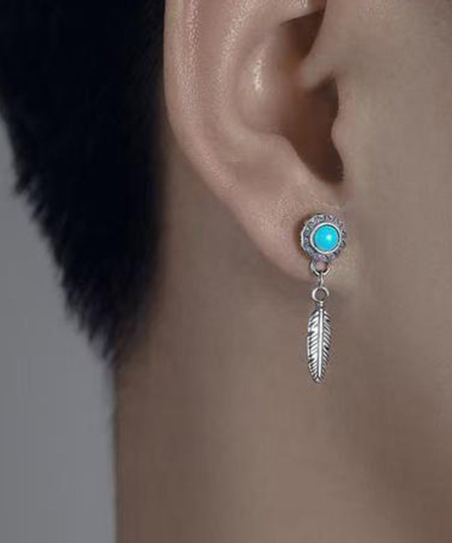 Men Blue Sterling Silver Turquoise Feather Stud Earrings QJ008 JEW-EAR241021