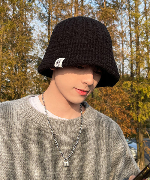 Bonnet de brousse pour homme, en maille de coton épais et chaud, noir TK029