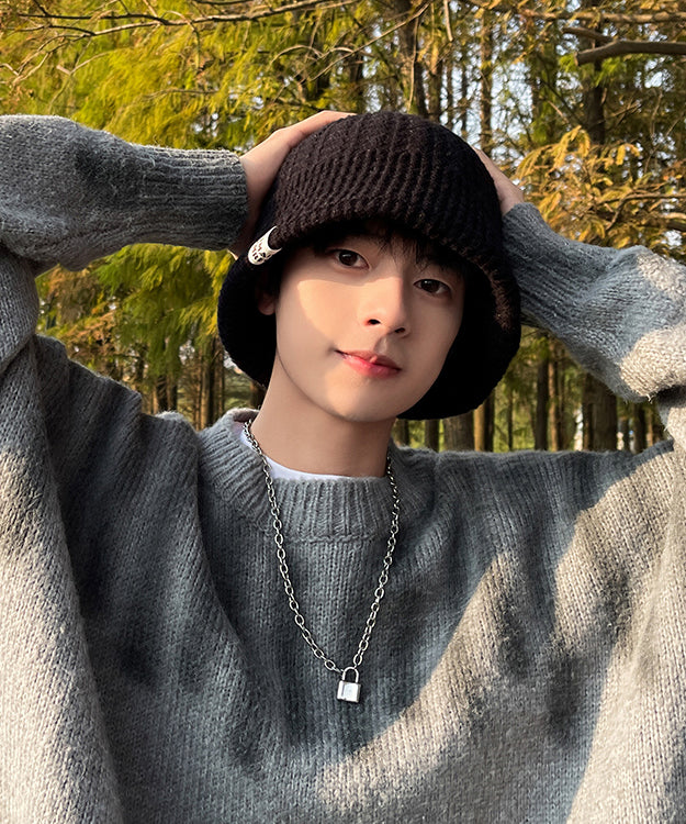 Men's Black Thick Warm Cotton Knit Boonie Hat TK029