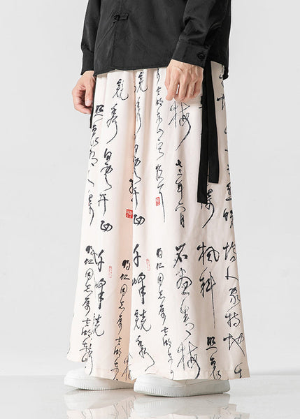 Men's Chinese Style Beige Ancient Text Printed Loose Wide Leg Pants SA039 Men-casual-MENP240726