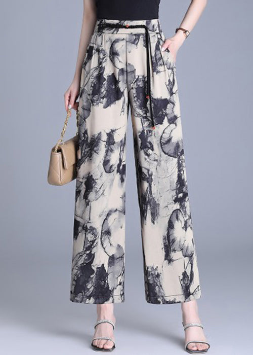 Modern Apricot Tasseled Print Silk Straight Pants Summer OO019 OM-CS240814