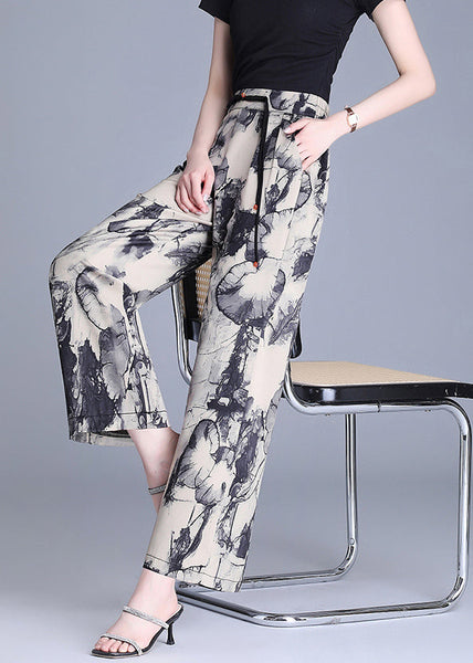 Modern Apricot Tasseled Print Silk Straight Pants Summer OO019 OM-CS240814