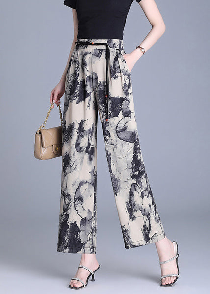 Modern Apricot Tasseled Print Silk Straight Pants Summer OO019 OM-CS240814