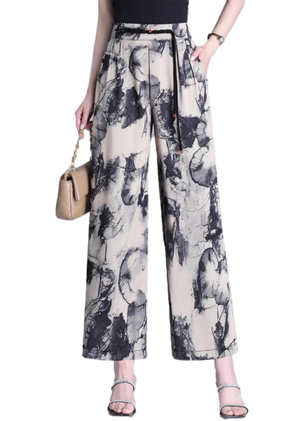 Modern Apricot Tasseled Print Silk Straight Pants Summer OO019 OM-CS240814