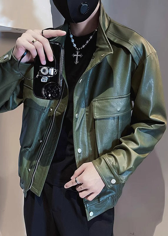 Modern Army Green Stand Collar Pockets Faux Leather Men Coats Spring RN018 ABC