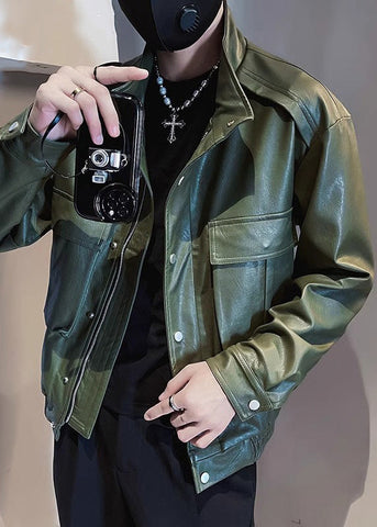 Modern Army Green Stand Collar Pockets Faux Leather Men Coats Spring RN018 ABC
