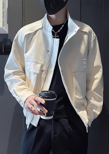 Modern Army Green Stand Collar Pockets Faux Leather Men Coats Spring RN018 ABC