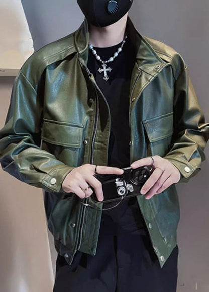 Modern Army Green Stand Collar Pockets Faux Leather Men Coats Spring RN018 ABC