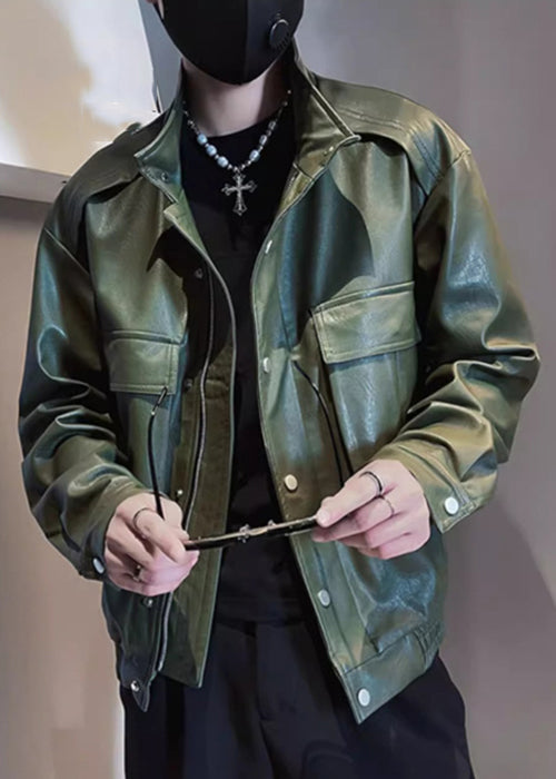 Modern Army Green Stand Collar Pockets Faux Leather Men Coats Spring RN018 ABC