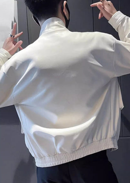 Modern Army Green Stand Collar Pockets Faux Leather Men Coats Spring RN018 ABC