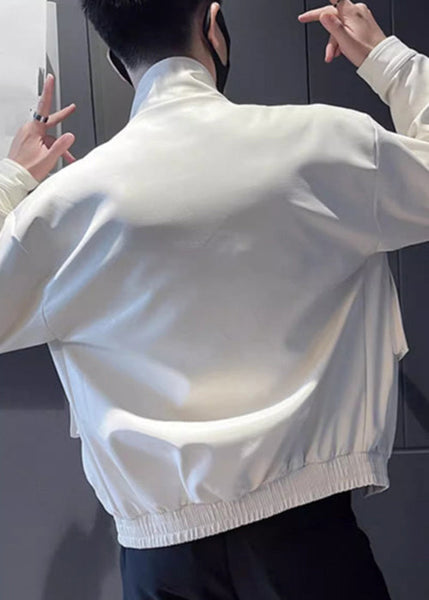 Modern Army Green Stand Collar Pockets Faux Leather Men Coats Spring RN018 ABC