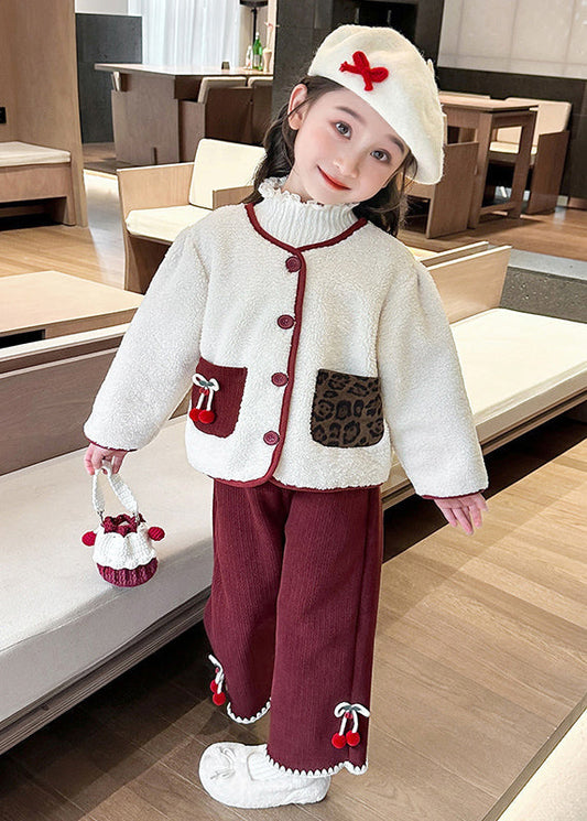 Modern Beige O-Neck Patchwork Button Pockets Faux Fur Kids Top And Pants Two Pieces Set Winter TR030 ABC