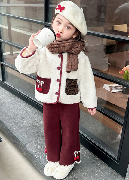 Modern Beige O-Neck Patchwork Button Pockets Faux Fur Kids Top And Pants Two Pieces Set Winter TR030 ABC