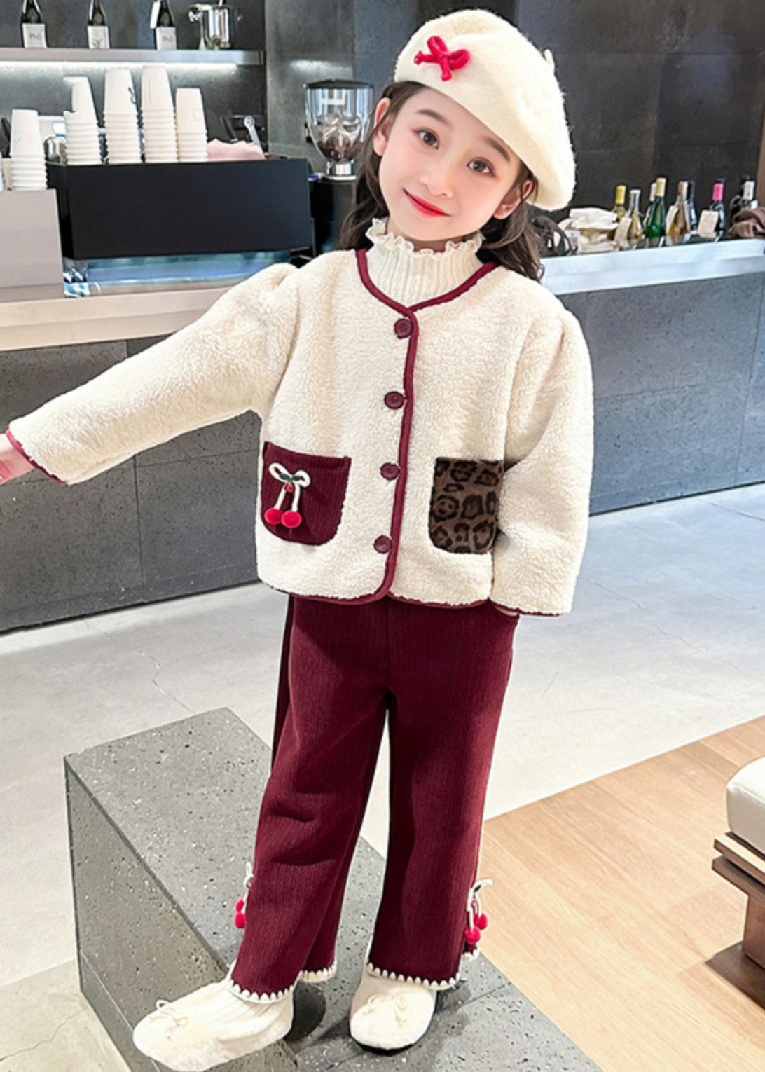 Modern Beige O-Neck Patchwork Button Pockets Faux Fur Kids Top And Pants Two Pieces Set Winter TR030 ABC