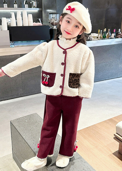 Modern Beige O-Neck Patchwork Button Pockets Faux Fur Kids Top And Pants Two Pieces Set Winter TR030 ABC