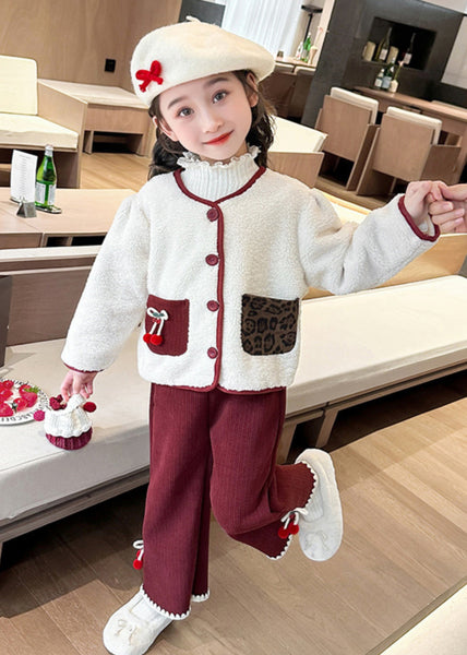 Modern Beige O-Neck Patchwork Button Pockets Faux Fur Kids Top And Pants Two Pieces Set Winter TR030 ABC
