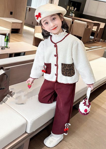 Modern Beige O-Neck Patchwork Button Pockets Faux Fur Kids Top And Pants Two Pieces Set Winter TR030 ABC
