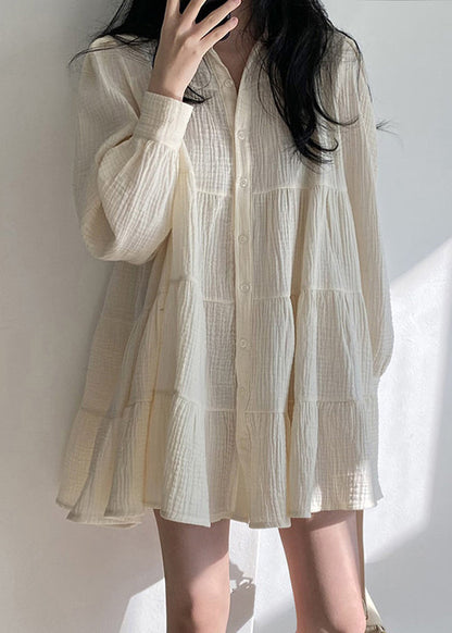 Modern Beige Oversized Wrinkled Cotton Shirt Dresses Spring TZ022