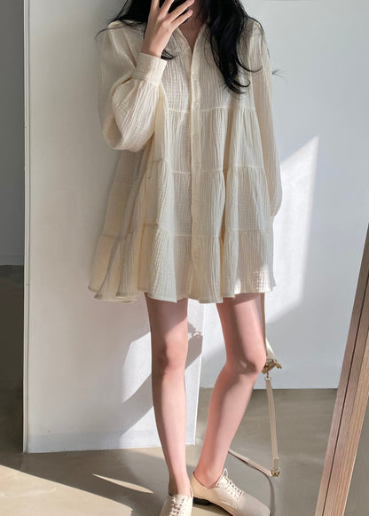 Modern Beige Oversized Wrinkled Cotton Shirt Dresses Spring TZ022