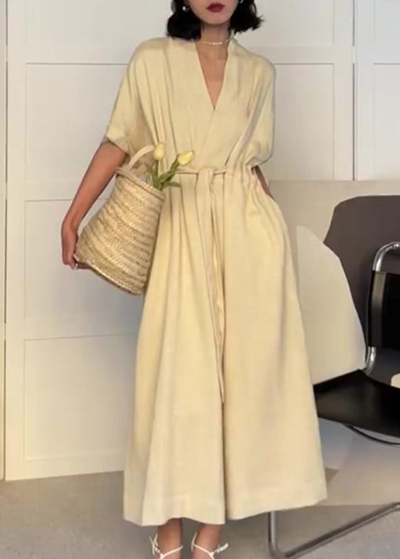 Modern Beige V Neck Pockets Drawstring Cotton Dress Summer YZ022 ABC