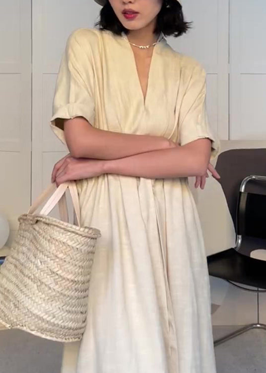 Modern Beige V Neck Pockets Drawstring Cotton Dress Summer YZ022 ABC