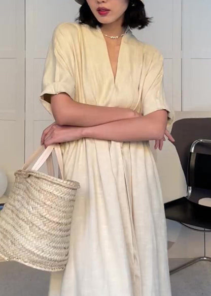 Modern Beige V Neck Pockets Drawstring Cotton Dress Summer YZ022 ABC