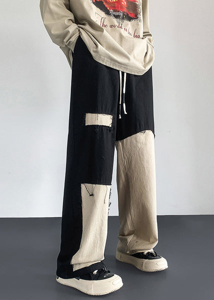 Modern Black Asymmetrical Elastic Waist Cotton Mens Pants Fall WA040 MENP241110