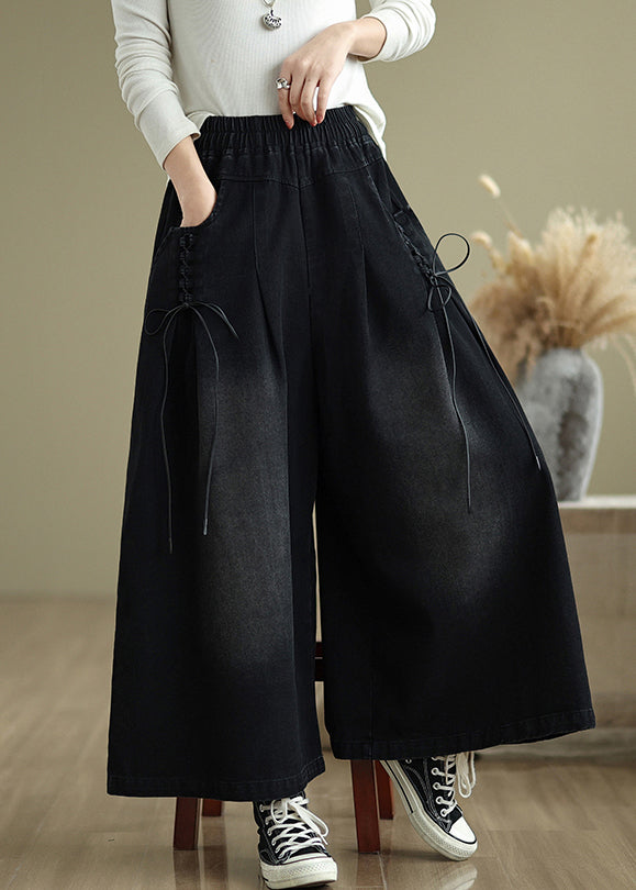 Black Wide Cross Strap Pants Denim Modern Summer Leg FashionChic