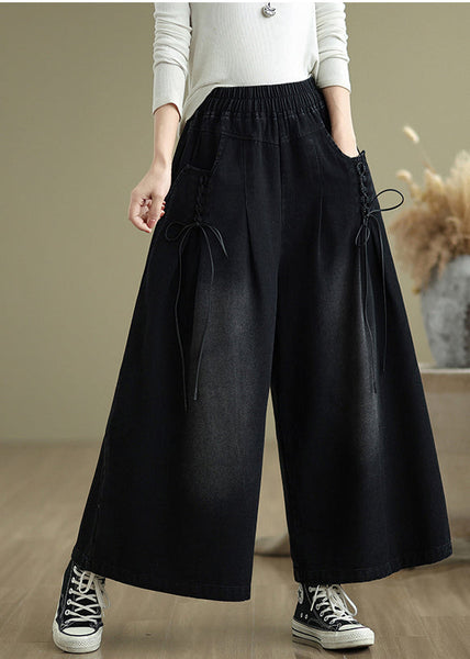 Black Wide Cross Strap Pants Denim Modern Summer Leg FashionChic