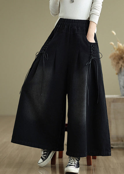 Black Wide Cross Strap Pants Denim Modern Summer Leg FashionChic