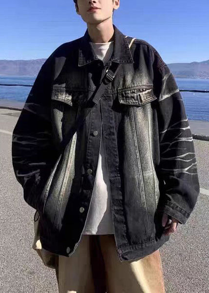 Denim Color Button Gradient Pockets Mens TC042 Spring Modern Black Coats