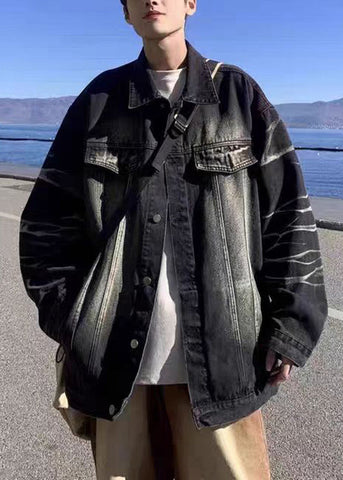 Denim Color Button Gradient Pockets Mens TC042 Spring Modern Black Coats