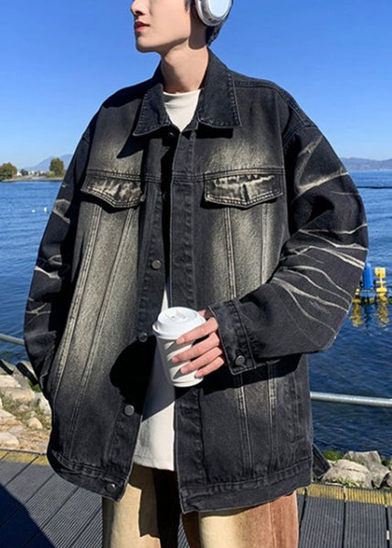 Denim Color Button Gradient Pockets Mens TC042 Spring Modern Black Coats