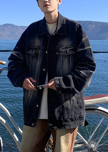 Denim Color Button Gradient Pockets Mens TC042 Spring Modern Black Coats