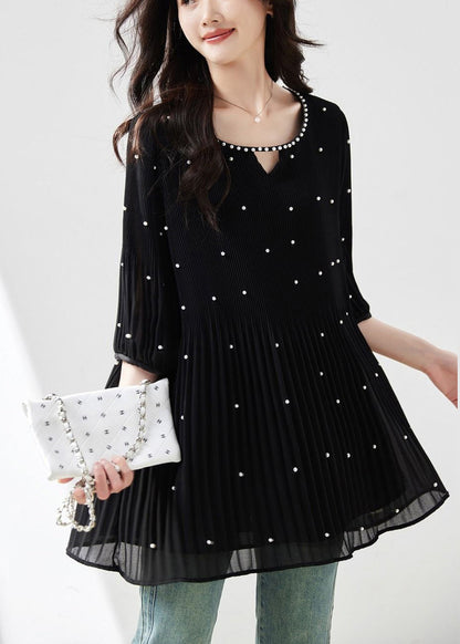 Modern Top O-Neck Sleeve Silk Nail Half Black Bead FashionChic
